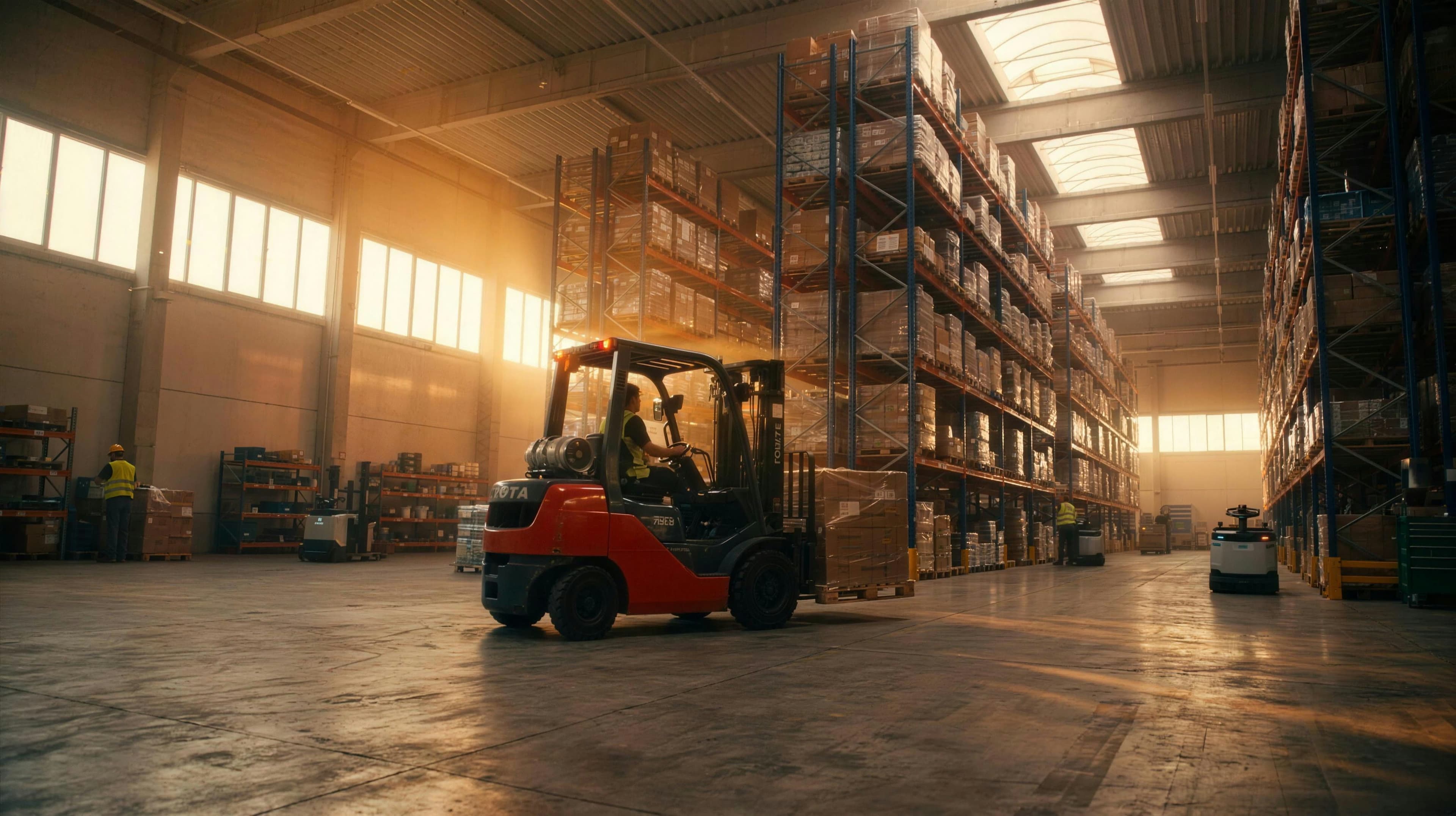 Modern warehouse with forklift